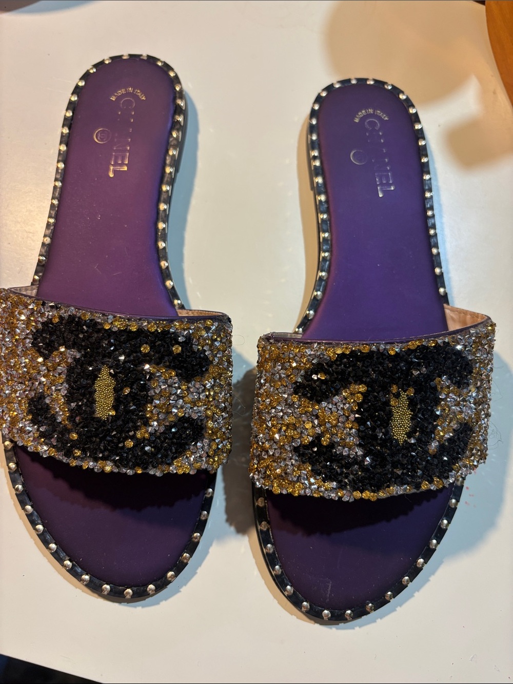 CHANEL-inspired  Purple Slide Sandals with Gold & Black Crystal CC Strap #118-1